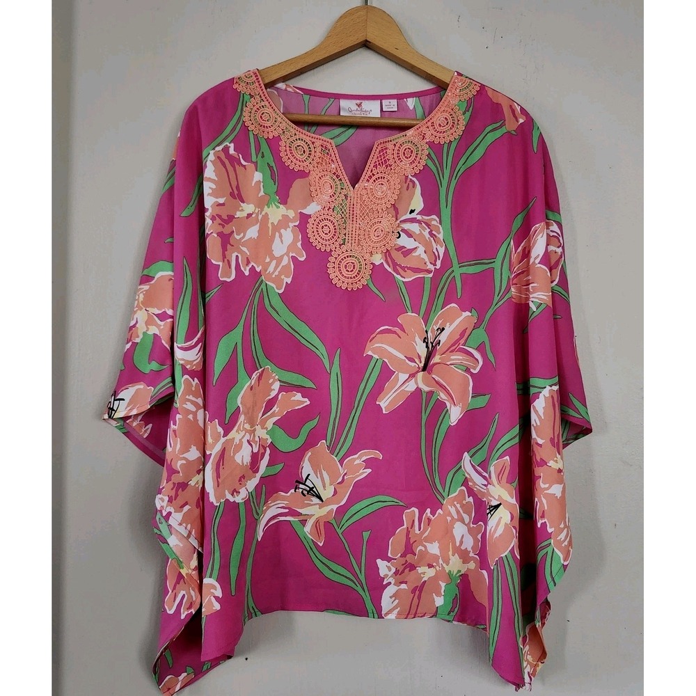 Quacker Factory Womens Sz Small Pink Floral Lace Trim Kimono Blouse Tropical Top - Picture 1 of 5